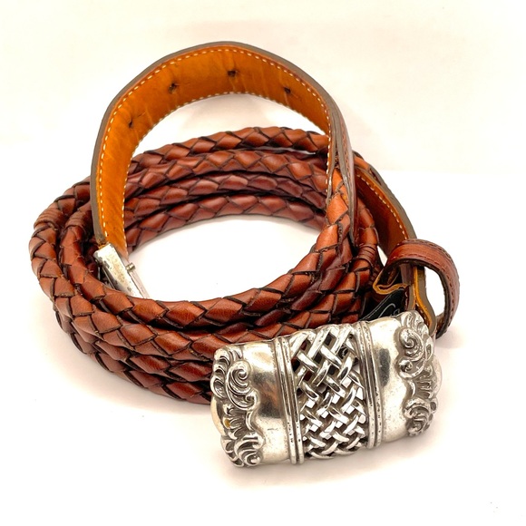 Vintage 1995 Brighton Tan Leather Rope Belt W/ Silver Buckle Size Large - Picture 1 of 10